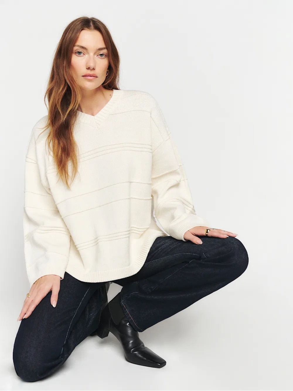 Reformation Ivory V-Neck Textured Knit Sweater